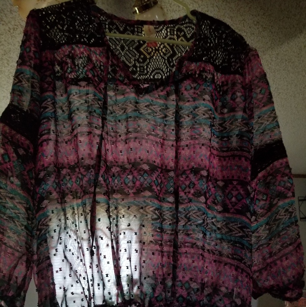 Purple and black patterned seethrough mesh blouse
